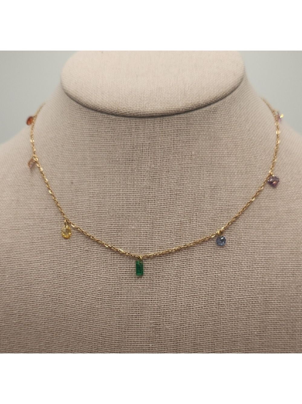 Elegant Gold Multicolor Simulated Gemstone Necklace, 18k Gold Plated SS - Picture 1 of 10